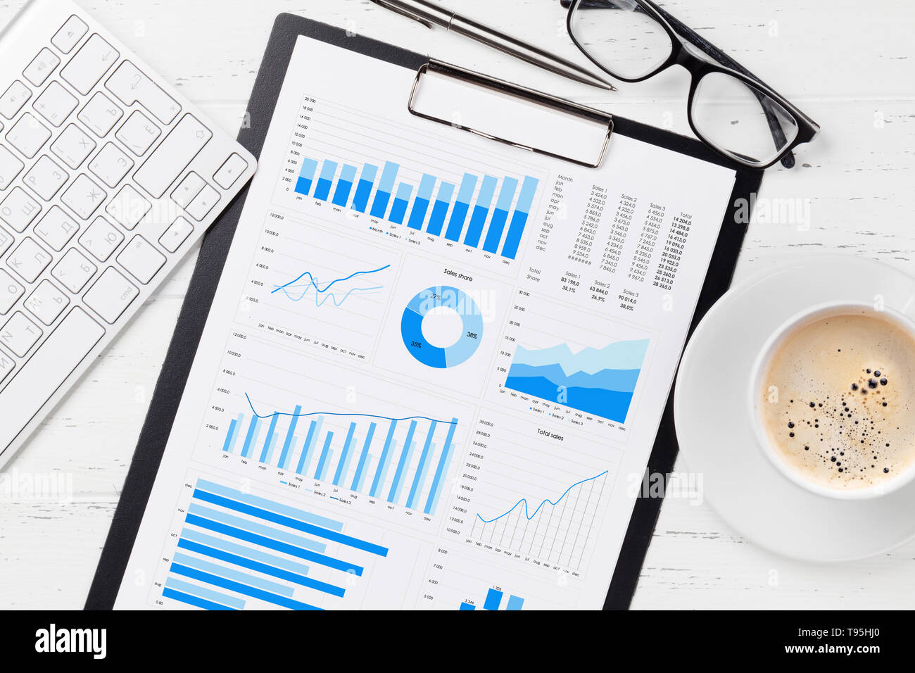 Office workplace table with report page, coffee cup, supplies and