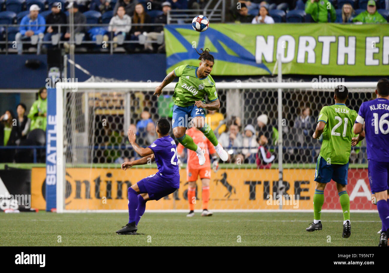 Seattle, Washington, USA. 15th May, 2019. Seattle defender Roman Torres (29) heads the ball as Orlando City visits the Seattle Sounders for an MLS match at Century Link Field in Seattle, WA. Credit: Jeff Halstead/ZUMA Wire/Alamy Live News Stock Photo