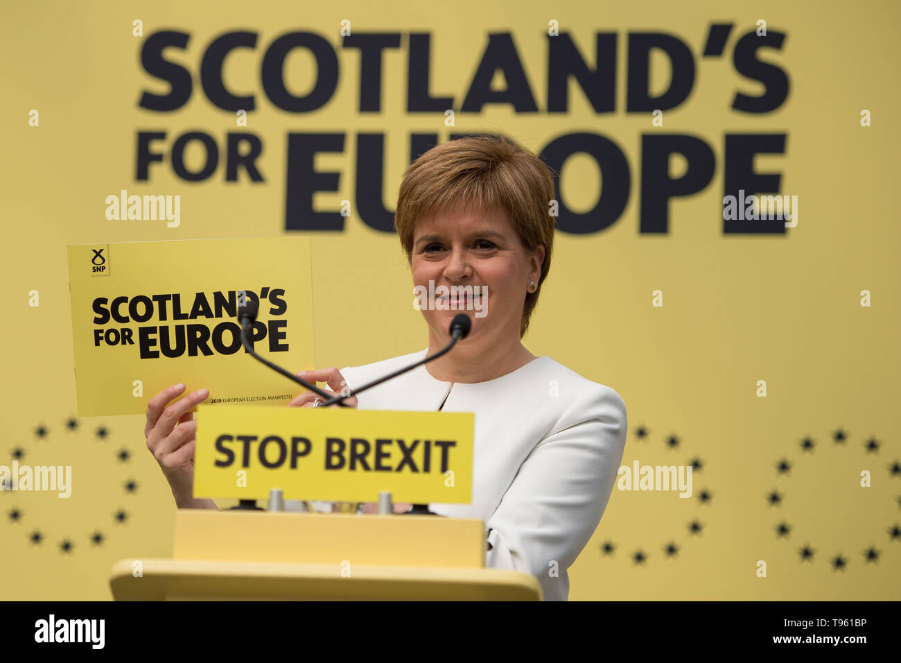 Glasgow, UK. 17th May, 2019. Nicola Sturgeon, First Minister and leader of the Scottish National Party, launches the SNP's European Election Manifesto in the Barras in Glasgow's east end today. The SNP want to stop Brexit and keep ties with our European neighbours and trading partners. Credit: Colin Fisher/Alamy Live News Stock Photo