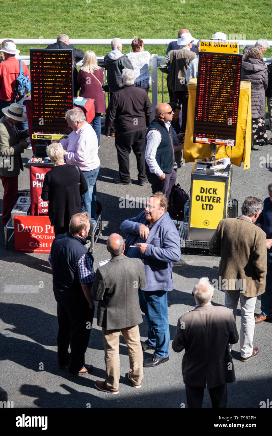 Track side bookmakers at Newton Abbot racecourse, Devon, UK. Bookies at the races, horse racoing course. Stock Photo