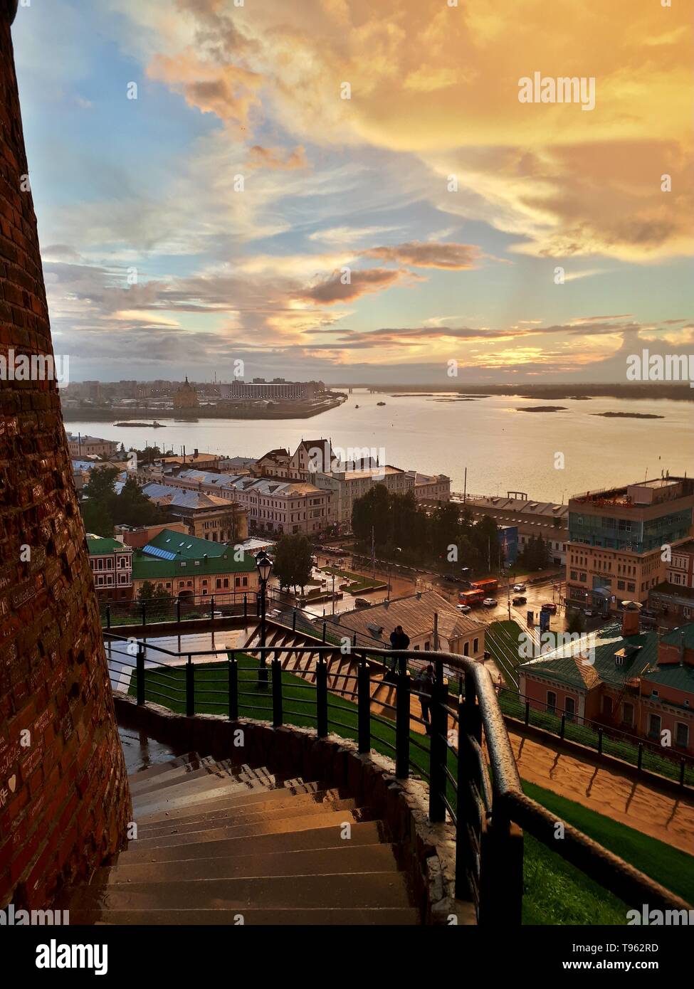 view from the Nizhny Novgorod Kremlin at the confluence of the Oka and Volga rivers after rain Stock Photo