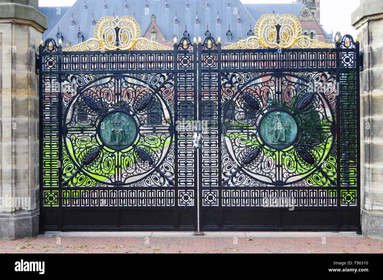 Main gates of the Peace Palace in the Hague, Netherlands, home of the International court of Justice, principle judicial organ of the United Nations Stock Photo