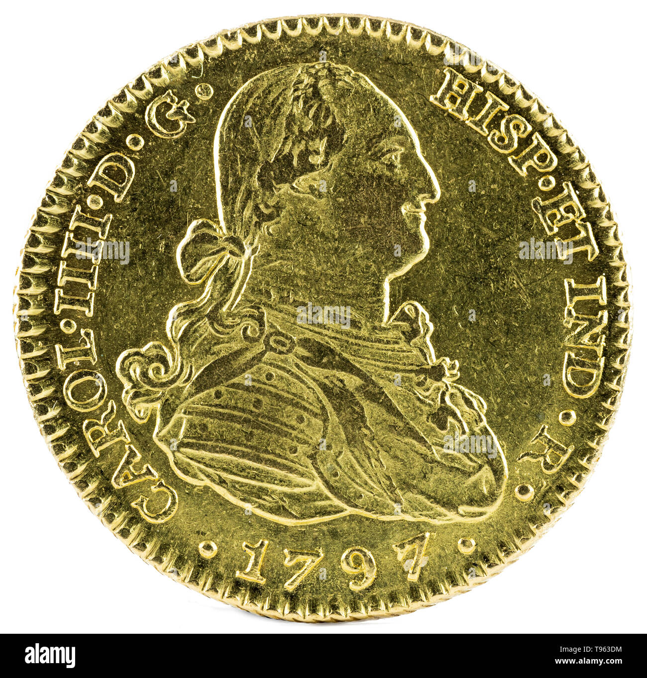 Ancient Spanish gold coin of King Carlos IV. With a value of 2 escudos