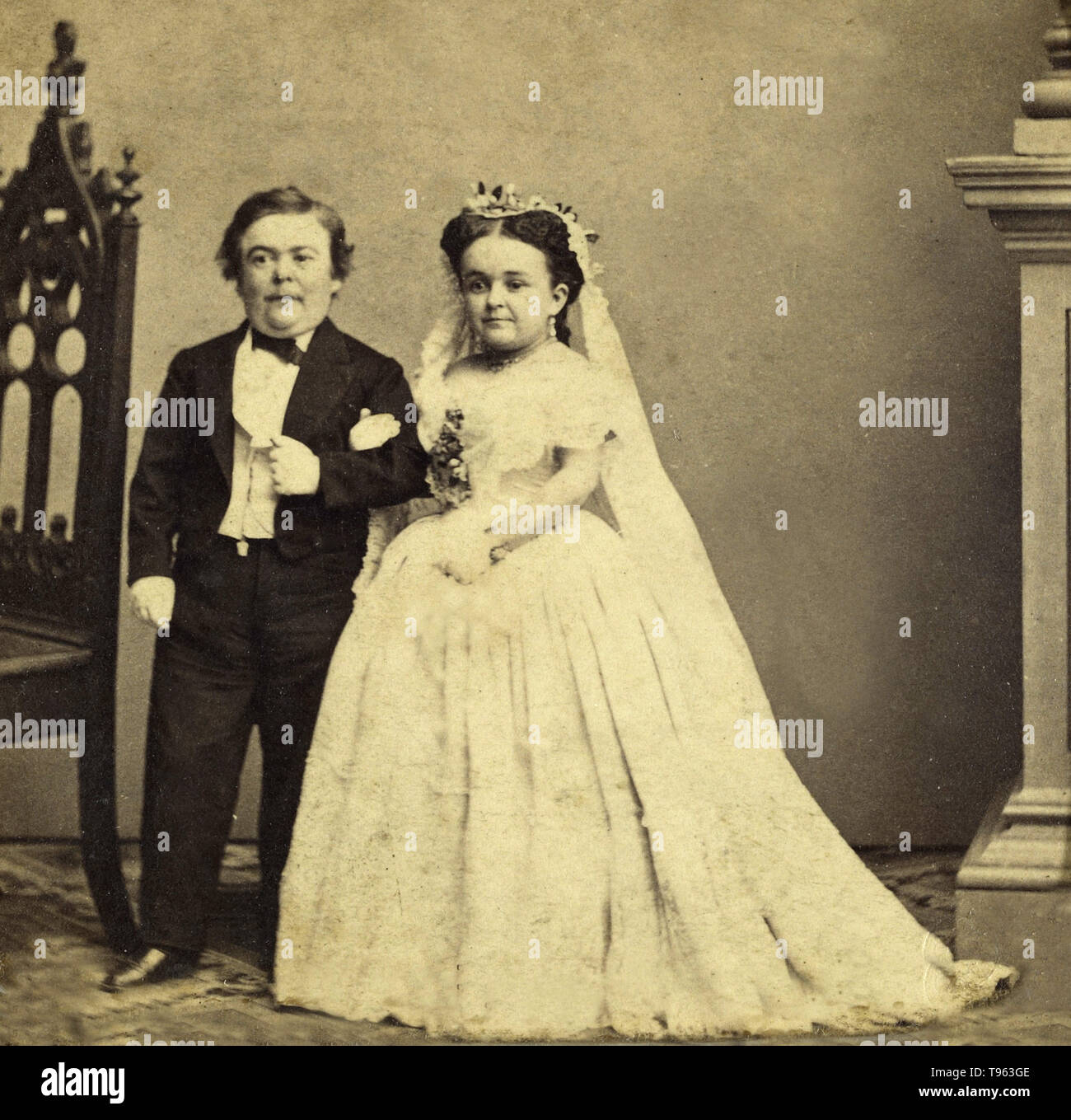 Wedding portrait of 'General Tom Thumb' and Lavinia Warren, 1863. Charles Dauvois (French, active 1860s). Charles Sherwood Stratton (1838-1883), 'General Tom Thumb,' was an American dwarf performer. P.T. Barnum, a distant relative, taught the boy how to sing, dance, mime, and impersonate famous people. Barnum took young Stratton on a tour of Europe, making him an international celebrity. He later became Barnum's business partner. Stock Photo