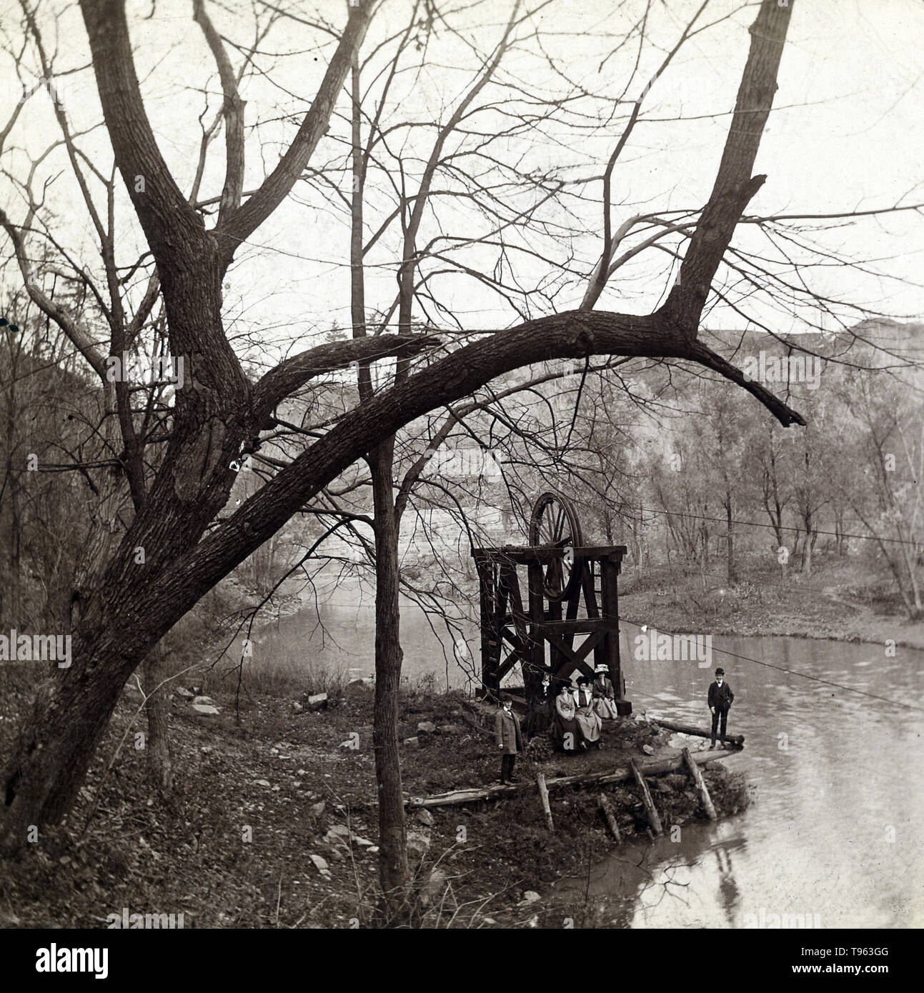 Pulley and cable for hand-pulled ferry on Kenwood Creek, Albany, New York, c. 1903. Julius M. Wendt (American, active 1900s - 1910s). Gelatin silver print. Stock Photo