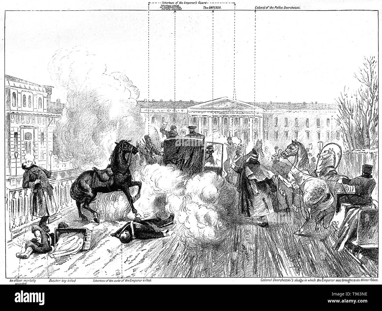 The assassination of Tsar Alexander II: the place outside the Winter Palace in St. Petersburg is strewn with corpses and debris of the bomb-explosion, while Alexander emerges alive from his coach, only to be killed by another bomb shortly afterward. Labeled lithograph. Alexander II (1818 - 1881) was the Emperor of Russia from 2 March 1855 until his assassination on 13 March 1881. He was also the King of Poland and the Grand Duke of Finland. Stock Photo