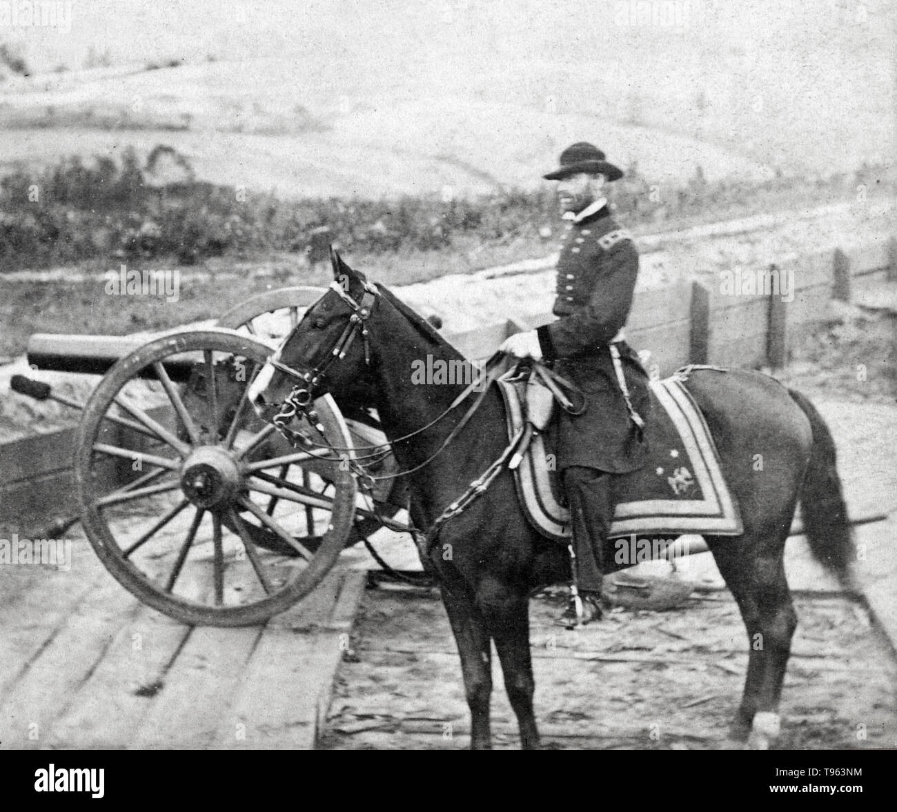 General Sherman and his horse. This view was taken in the trenches before Atlanta, Georgia, 1865. Edward and Henry T. Anthony & Co. (American, 1862 - 1902). Albumen silver print. William Tecumseh Sherman (1820-1891) was an American general in the Union Army during the American Civil War (1861-65), for which he received recognition for his outstanding command of military strategy as well as criticism for the harshness of the 'scorched earth' policies that he implemented in conducting total war against the Confederate States. Stock Photo