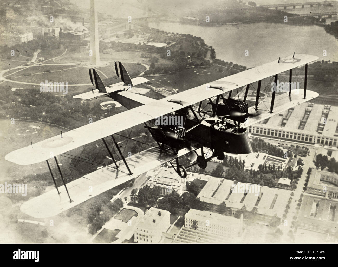 Flying airplane above Washington D.C. Fedele Azari (Italian, 1895 - 1930); Washington, District of Columbia, United States; 1914 - 1929; Gelatin silver print. Stock Photo