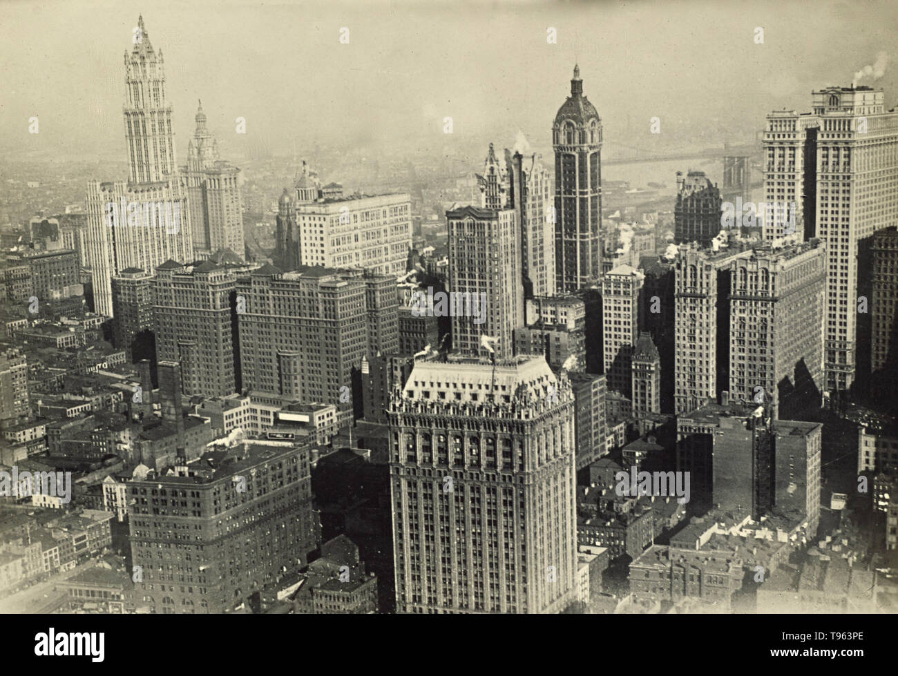 Aerial of New York's financial district, showing the Woolworth building at far left. The Brooklyn Bridge can be seen in the distance. Fedele Azari (Italian, 1895 - 1930); Italy; 1914 - 1929; Gelatin silver print. Stock Photo