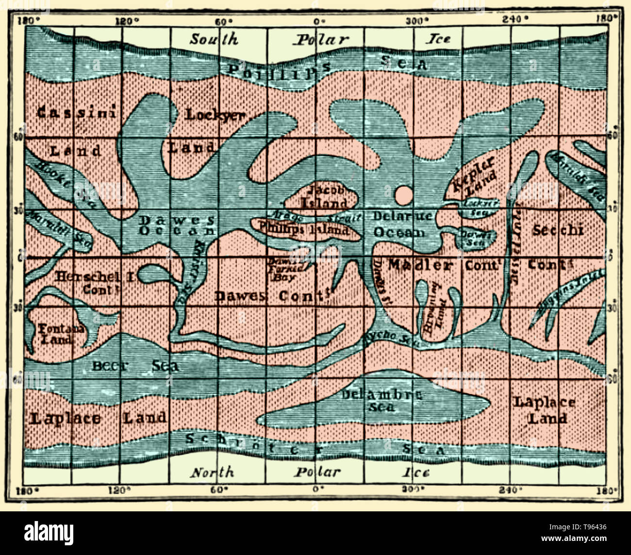 Mars Map. Richard Anthony Proctor (March 23, 1837 - September 12, 1888) was an English astronomer. He is best remembered for having produced one of the earliest maps of Mars in 1867 from 27 drawings by the English observer William Rutter Dawes. Proctor earned a scholarship at St John's College, Cambridge. He graduated in 1860 as 23rd wrangler. He read for the bar, but turned to astronomy and authorship instead, and in 1865 published an article on the Colors of Double Stars. Stock Photo