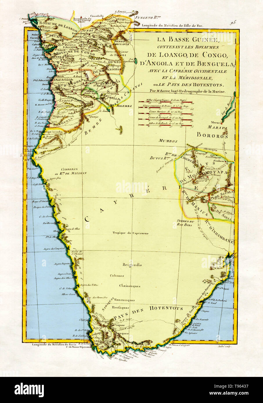 'The Kingdoms of Lower Guinea Including Loango, Congo, Angola, and Benguela with Kaffraria and the West Country of Meridionale or Hotentots,' 1788. A general map of Angola and the Congo, showing some relief information. Created by M. Bonne, Ingenieur-Hydrographe de la Marine. This image has been color enhanced. Stock Photo