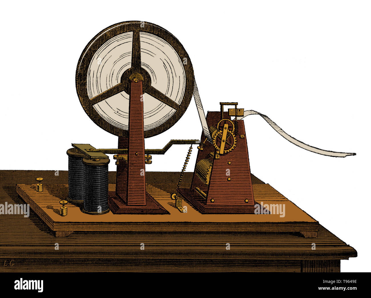 Morse signal receiver. An electrical telegraph was developed and patented in the United States in 1837 by Samuel Morse. His assistant, Alfred Vail, developed the Morse code signaling alphabet with Morse. At the Speedwell Ironworks in Morristown, New Jersey on January 11, 1838, Morse and Vail made the first public demonstration of the electric telegraph. Stock Photo