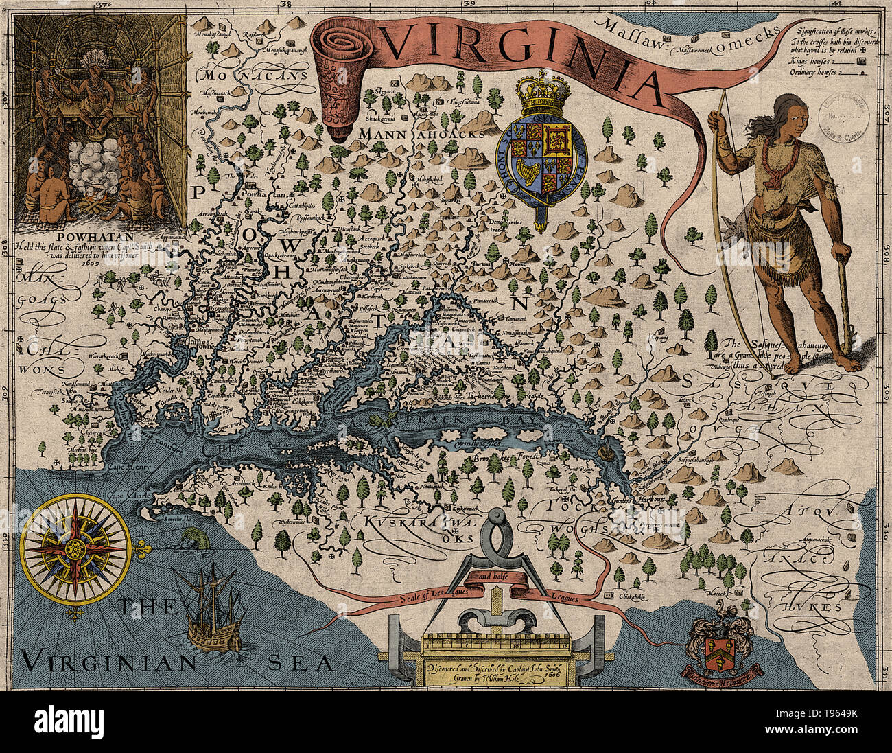 Color enhanced version of Captain John Smith's map of Virginia from The Generall Historie of Virginia, New-England, and the Summer Isles, 1624. Stock Photo