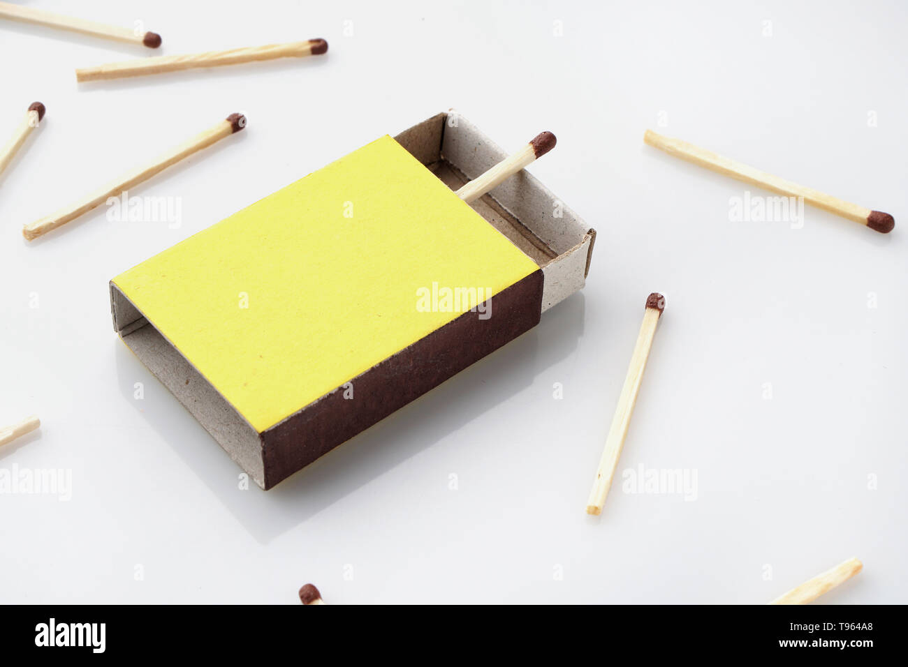 Matches made of natural wood for fire yellow boxes, on a white