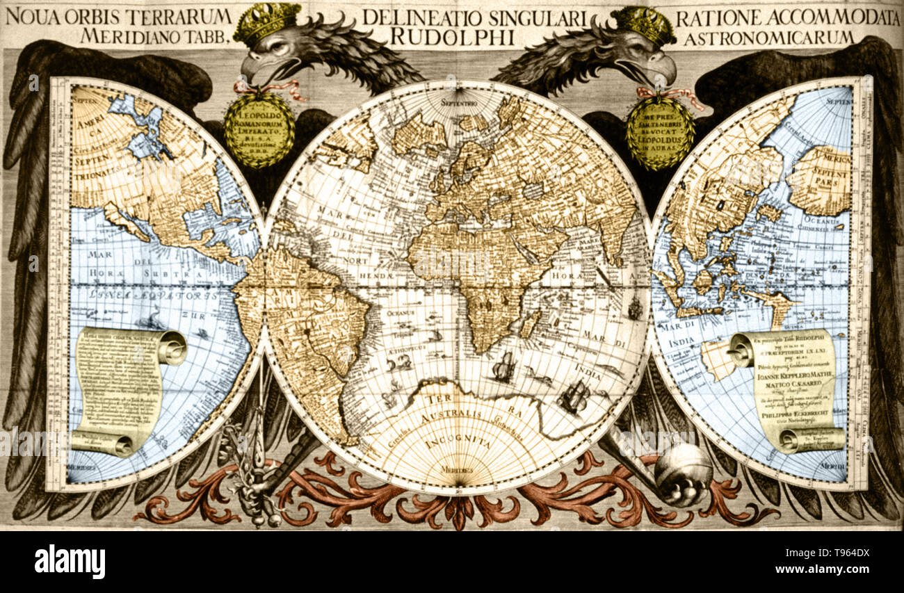 Color enhanced map of the world from Kepler's Tabulae Rudolphinae, quibus astronomicae scientiae, temporum longinquitate collapsae restauratio continetur. The Rudolphine Tables consist of a star catalogue and planetary tables published in 1627 using data from Tycho Brahe's observations. Johannes Kepler (1571-1630) was a German mathematician, astronomer and astrologer. Stock Photo