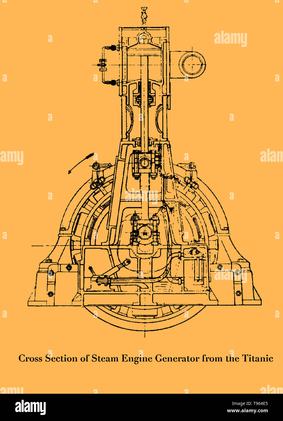 A diagram of a cross section of one of the main generating sets of the Titanic's and the Olympic's steam engines, of the White Star Line, 1911. Stock Photo