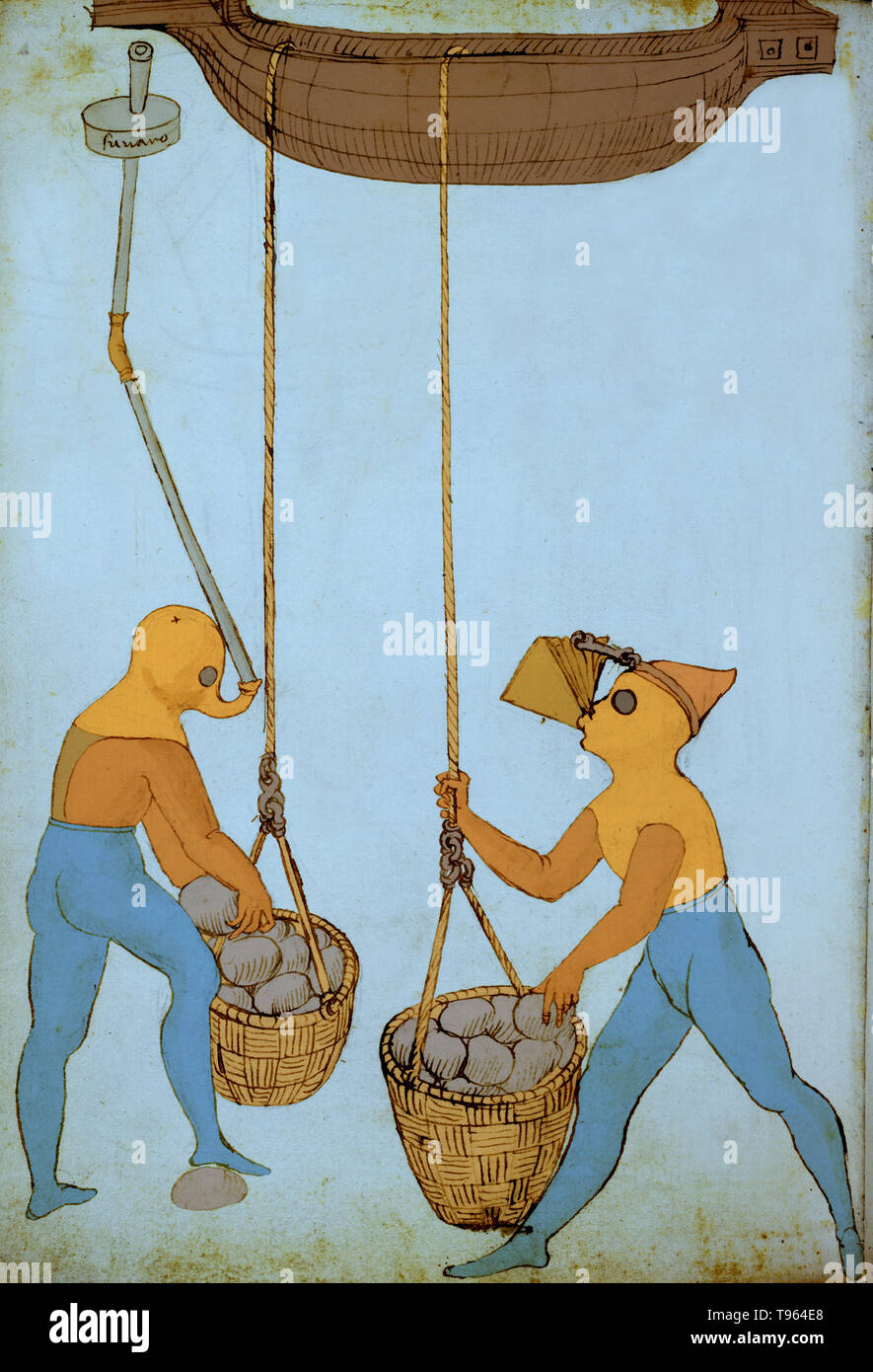 Color enhanced pen-and-ink drawing showing 15th-century Italian designs for underwater breathing apparatus for divers. From 'Della providentia della chuera,' by Francesco di Giorgio Martini of Siena (1439-1502). Between the Middle Ages and the Renaissance, Siena developed a series of technical specialities. Siena's artist-engineers put their skills into practice for their small republic and demonstrated their skill in depicting machines and mechanical systems. The two most prominent Sienese engineers were Mariano di Iacopo, known as Taccola, and Francesco di Giorgio. Stock Photo