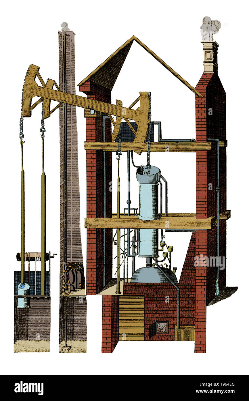 Engraving of a Newcomen steam-engine, c. 1747. Historical artwork of the steam engine patented by Thomas Newcomen (1663-1729) in 1705. The Newcomen atmospheric engine was the first to have a 'walking beam' pivoted arm (top) to transfer power between the piston and the rod. It was used to pump water out of coal mines. The piston was driven down by the pressure of a partial vacuum in the cylinder, causing the rod to be drawn upwards. As steam in the cylinder condensed the piston was forced up, and the rod forced down. This is the first true steam engine. Stock Photo