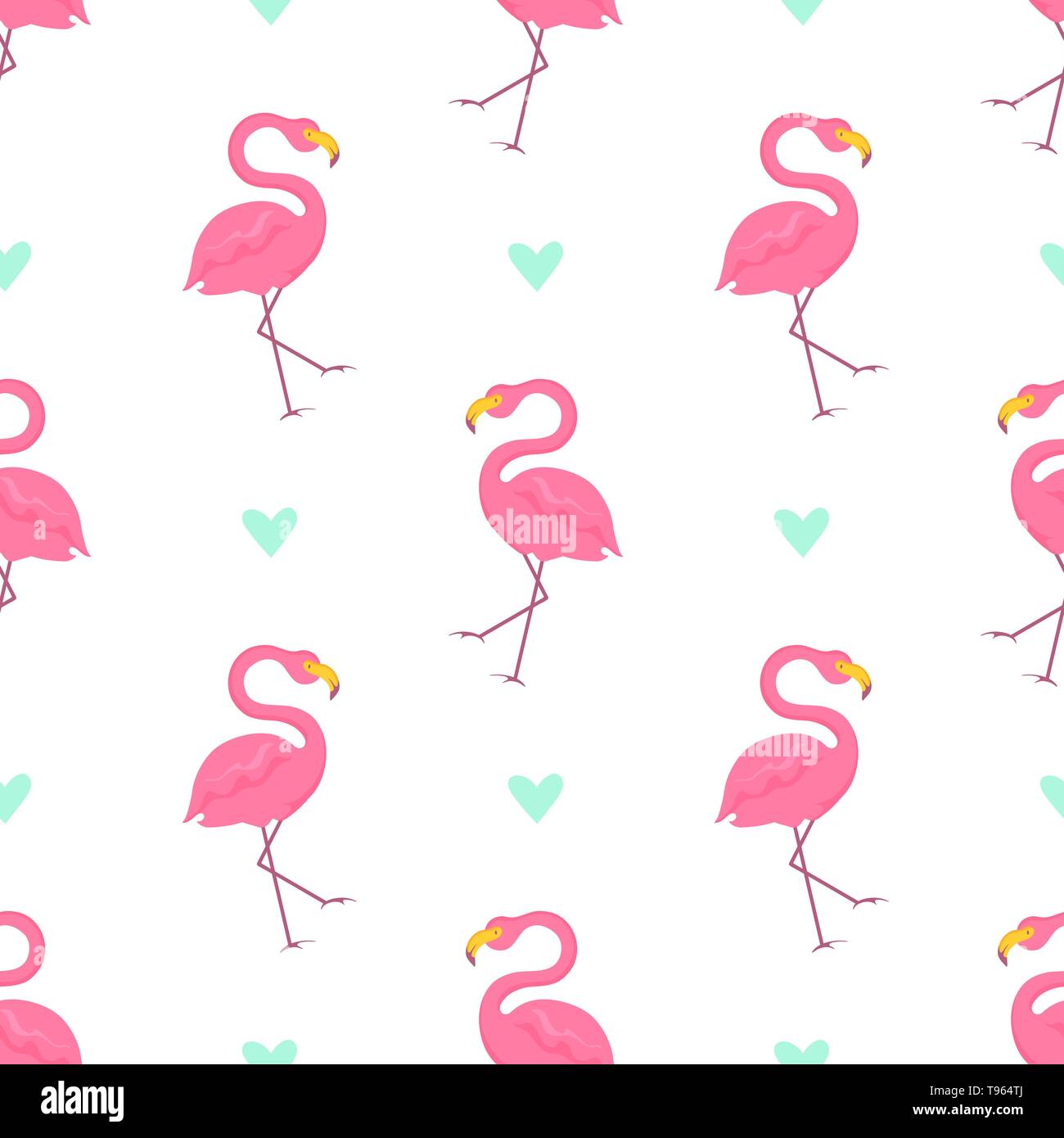 Seamless pattern with pink flamingos and turquoise hearts on white background. Vector illustration. Stock Vector