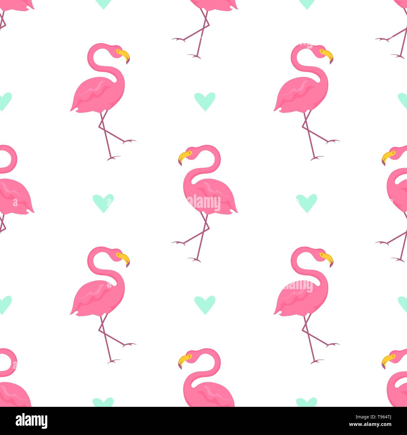 Seamless pattern with pink flamingos and turquoise hearts on white ...