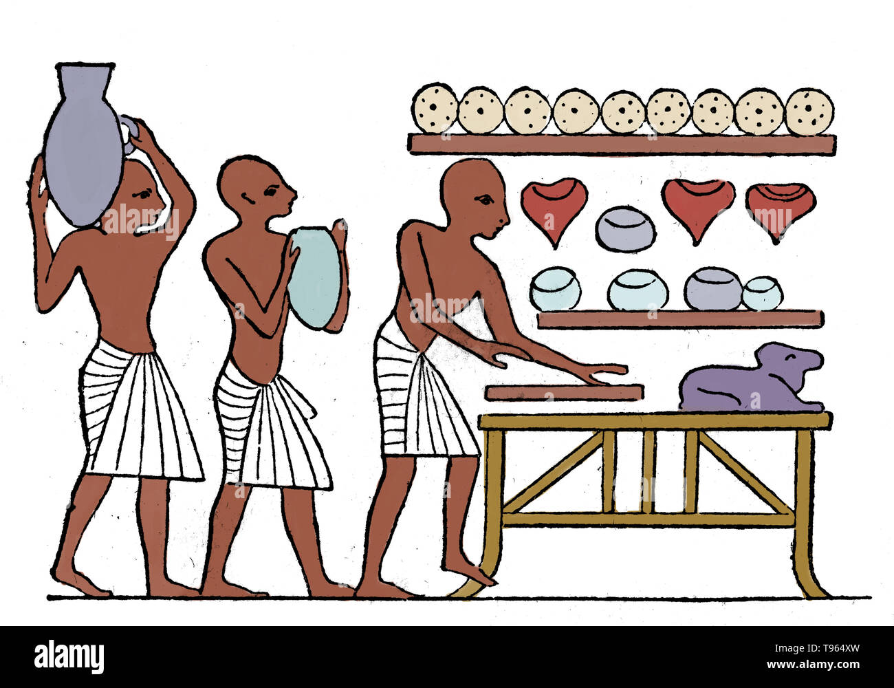 The cuisine of ancient Egypt covers a span of over three thousand years, but still retained many consistent traits until well into Greco-Roman times. The staples of both poor and wealthy Egyptians were bread and beer, often accompanied by green-shooted onions, other vegetables, and to a lesser extent meat, game and fish. Food could be prepared by stewing, baking, boiling, grilling, frying, or roasting. Stock Photo