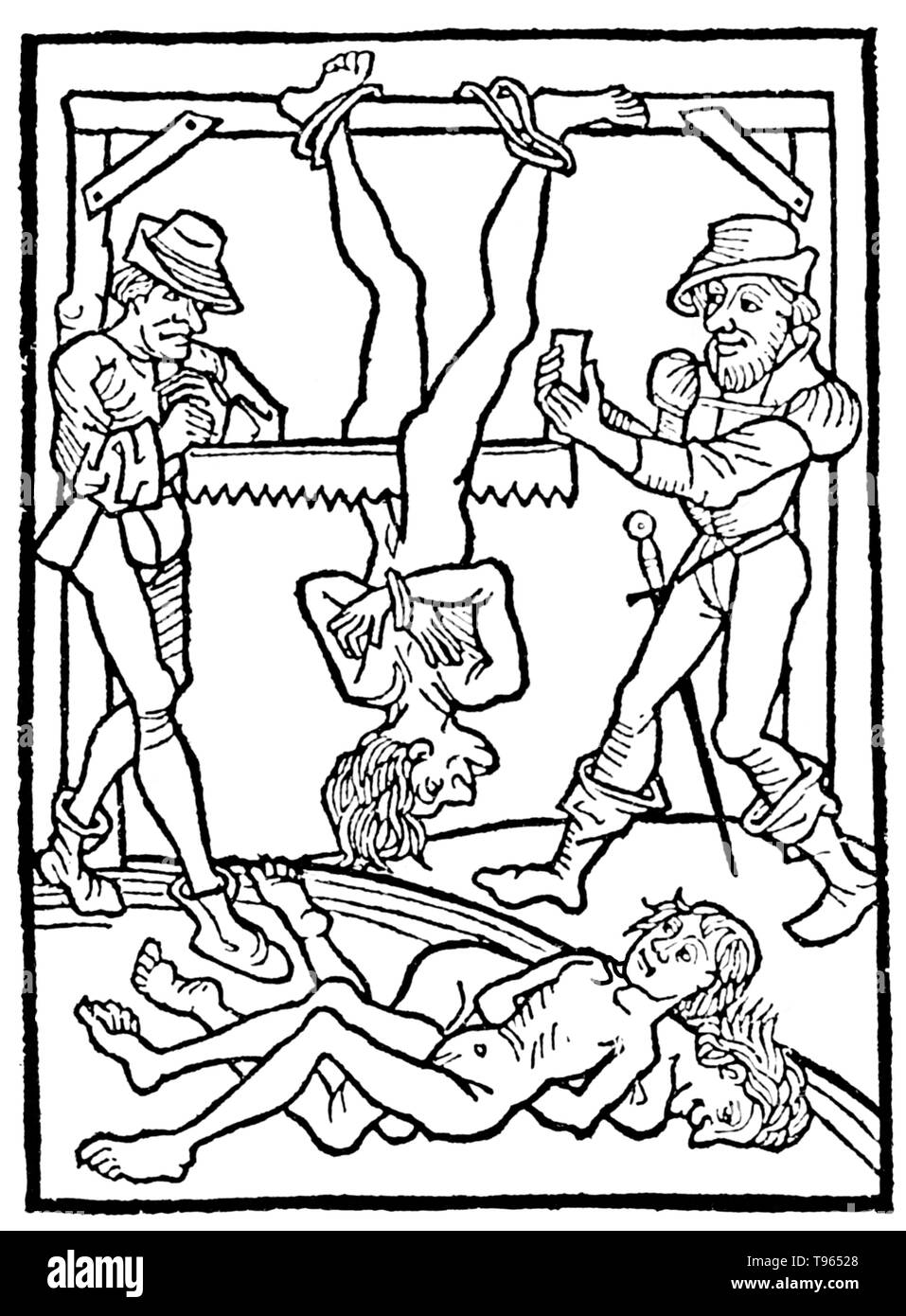 The term 'death by sawing' indicates the act of sawing a living person in half. Most often the victim was suspended upside down, most of the blood will go to the head. The torturers would saw into the victim's crotch, all of the blood in the head will oxygenate the brain so that the victim will not pass out as one normally would under such excruciating pain. Typically, the saw would reach the victim's navel before unconsciousness would take hold, sometimes as far as the midriff. Stock Photo