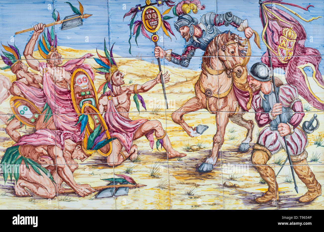 Badajoz, Spain - April 24th, 2019: Battle of Otumba. Conquest of Aztec Empire scene. Glazed tiles wall Stock Photo