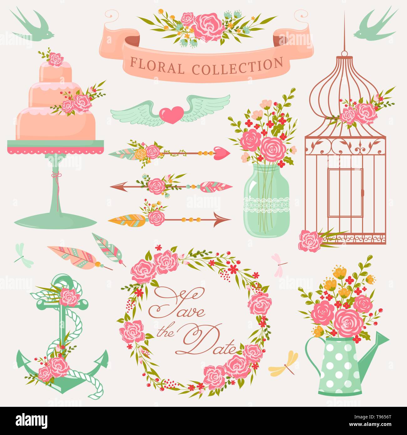 Romantic floral collection. Vector design elements with cute flowers ...