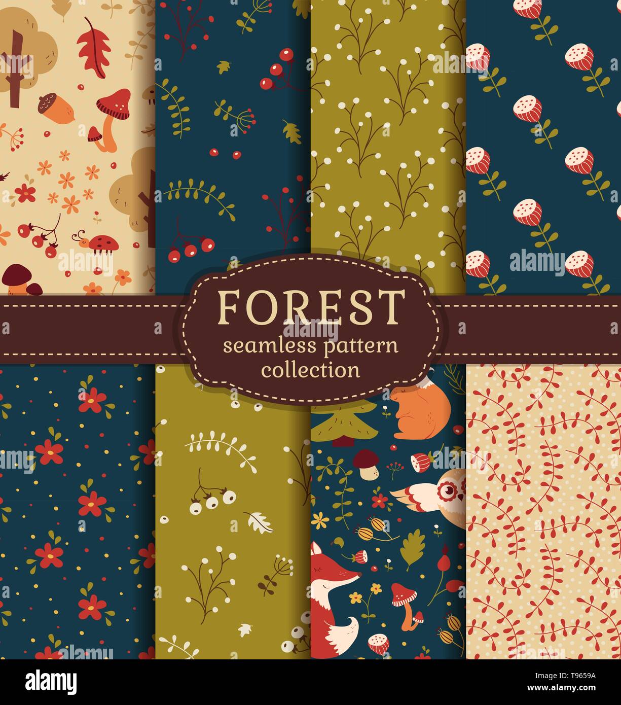 Forest seamless patterns with hand drawn animals, flowers and plants. Set of cute nature textiles in blue, green, red and beige colors. Vector. Stock Vector