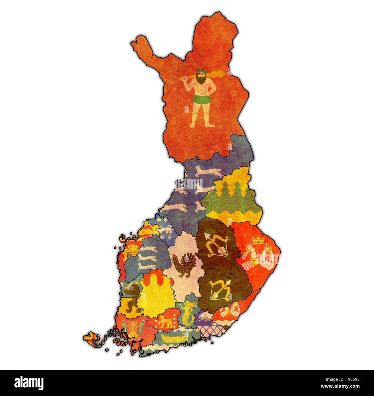 territories and flags of finnish regions on map of administrative