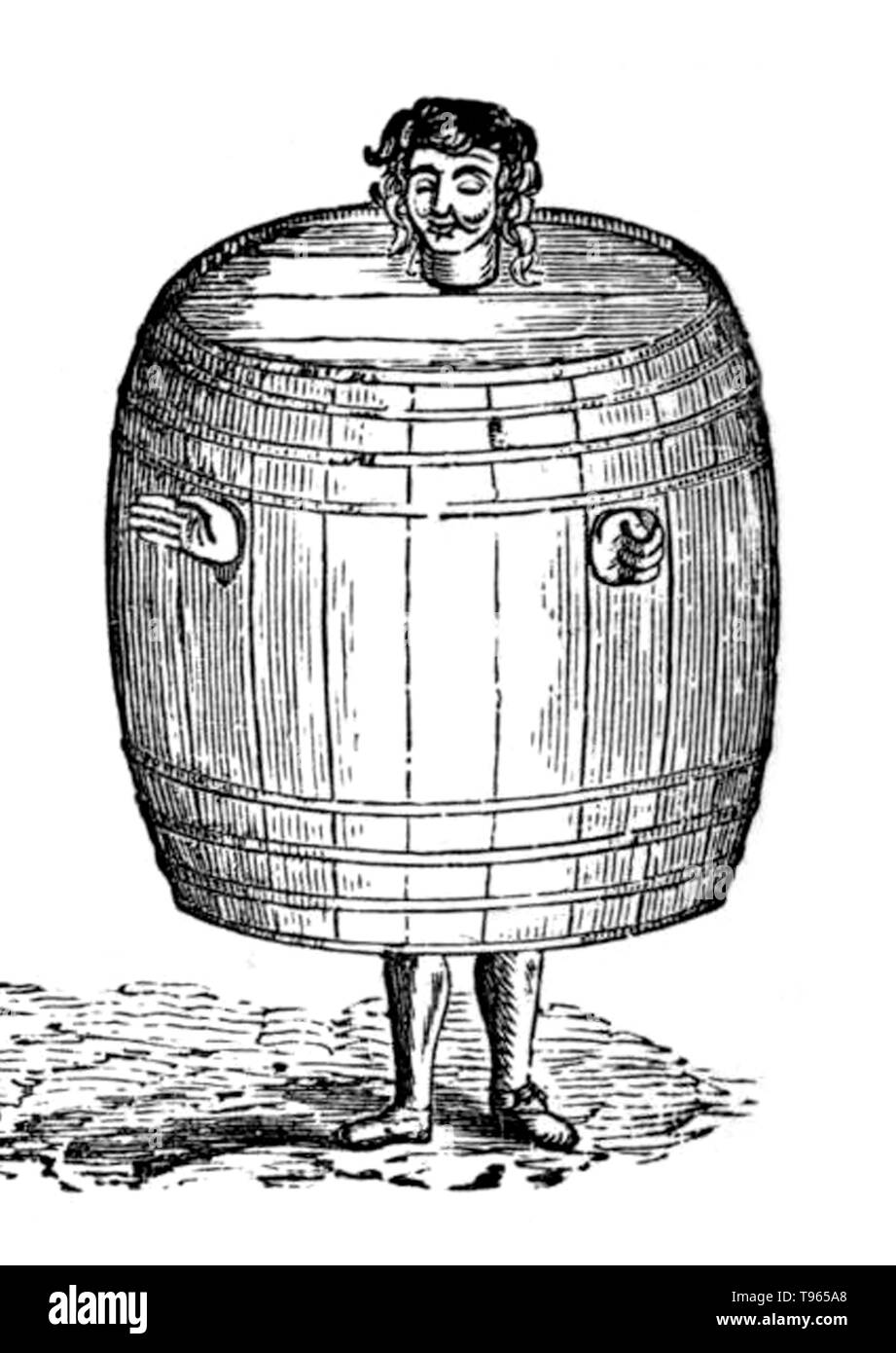 A Drunkard's cloak was a type of pillory used in various jurisdictions to punish miscreants. The drunkard's cloak was actually a barrel, into the top of which a hole was made for the head to pass through. Two smaller holes in the sides were cut for the arms. Once suitably attired, the miscreant was paraded through the town, effectively pilloried. Drunkenness was first made a civil offense in England by the Ale Houses Act 1551, or 'An Act for Keepers of Ale-houses to be bound by Recognisances'. Stock Photo