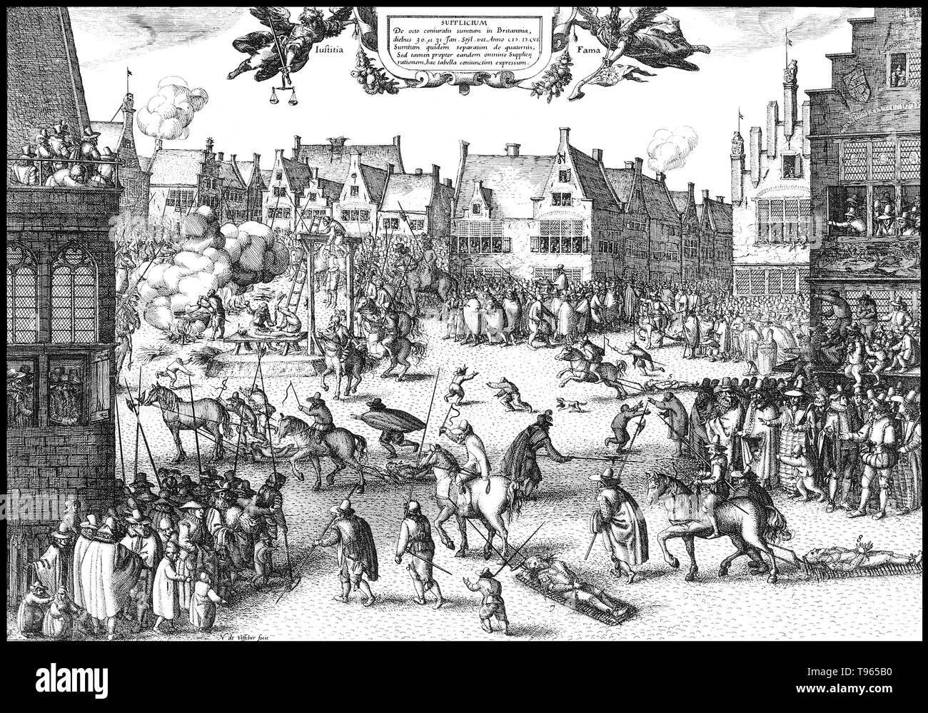 On a cold January 30, 1606, Everard Digby, Robert Wintour, John Grant, and Thomas Bates, were tied to hurdles (wooden panels) and dragged through the crowded streets of London to St Paul's Churchyard. Digby, the first to mount the scaffold, asked the spectators for forgiveness, and refused the attentions of a Protestant clergyman. He was stripped of his clothing, and wearing only a shirt, climbed the ladder to place his head through the noose. Stock Photo