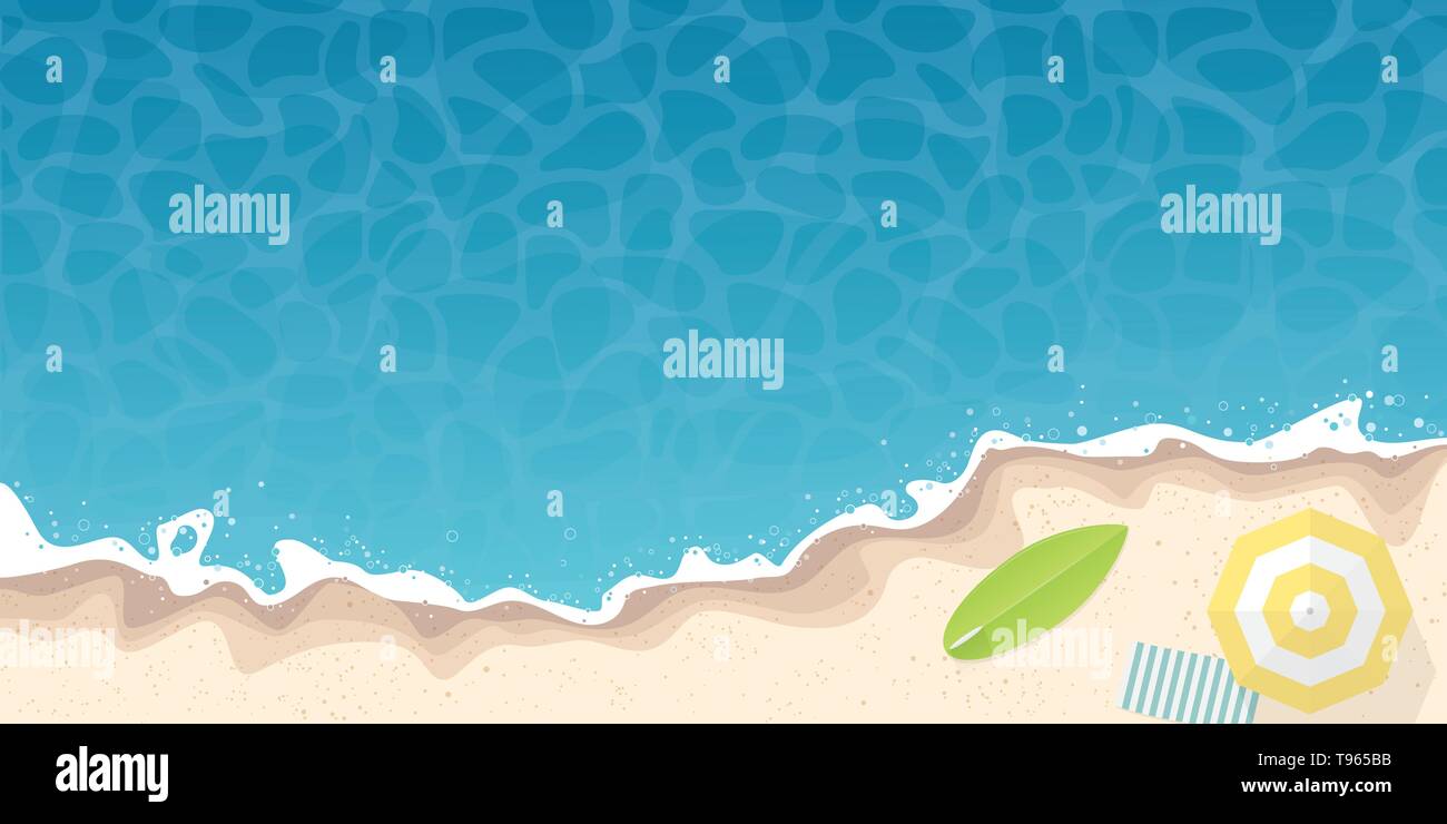 summer beach and ocean high angle view background banner. Vector illustration with beach umbrella and surfboard at the sea shore. Stock Vector
