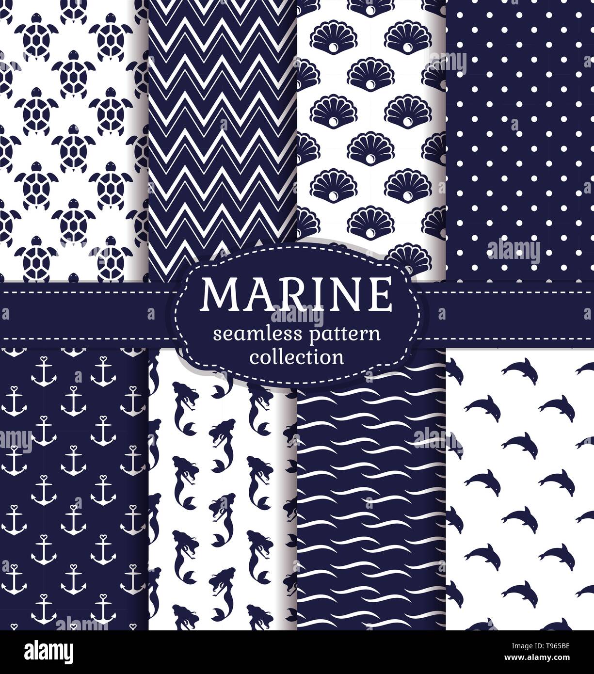 Set of marine and nautical backgrounds in navy blue and white colors. Sea theme. Cute seamless patterns collection. Vector illustration. Stock Vector