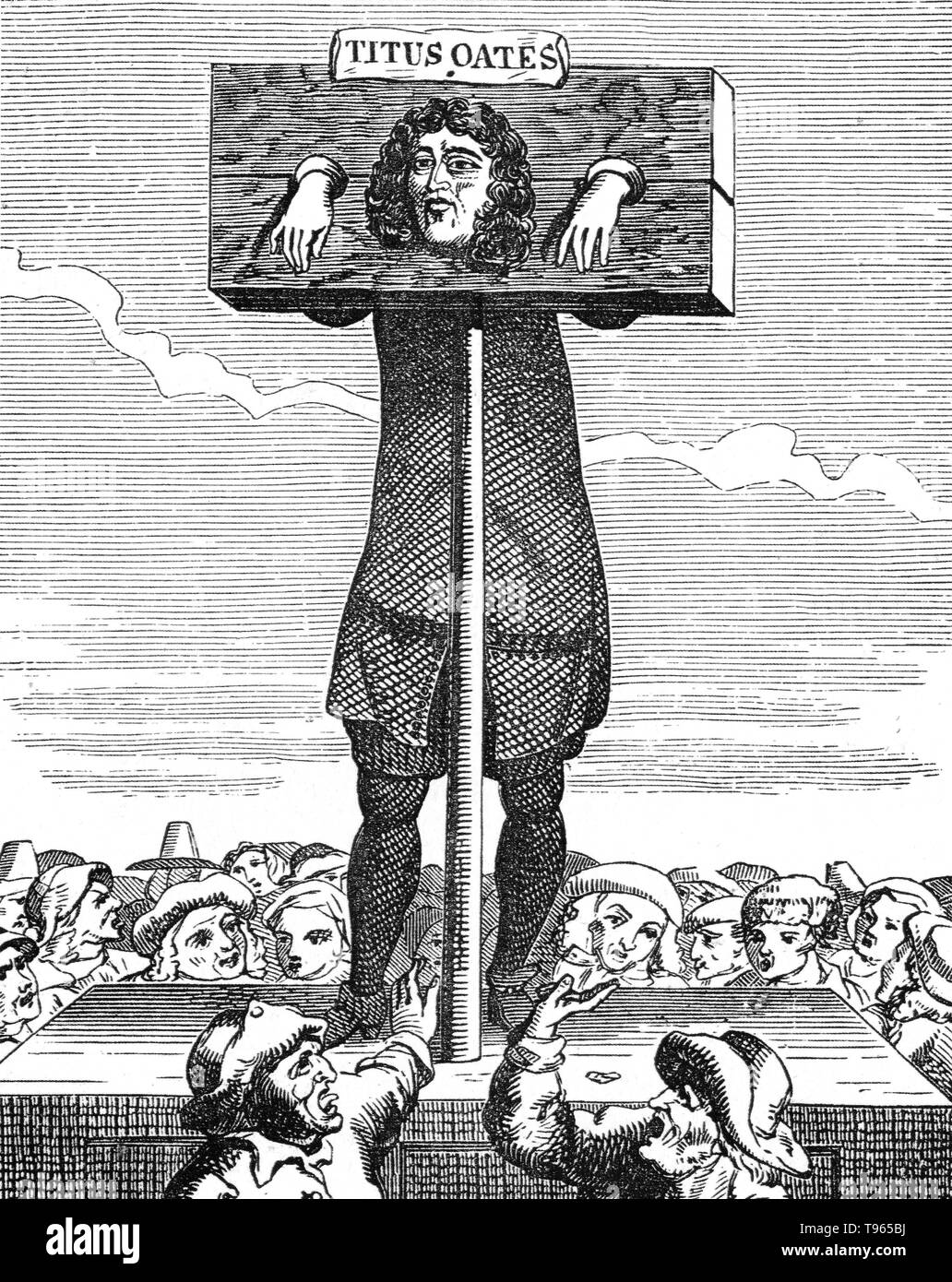 Titus Oates (September 15, 1649 - July 12/13, 1705) was an English perjurer who fabricated the Popish Plot a fictitious conspiracy concocted between 1678-81 that gripped the Kingdoms of England and Scotland in anti-Catholic hysteria. Oates alleged that there existed an extensive Catholic conspiracy to assassinate Charles II, accusations that led to the executions of at least 22 men. His web of accusations soon unravelled. He was arrested for sedition, sentenced to a fine and thrown into prison. Stock Photo
