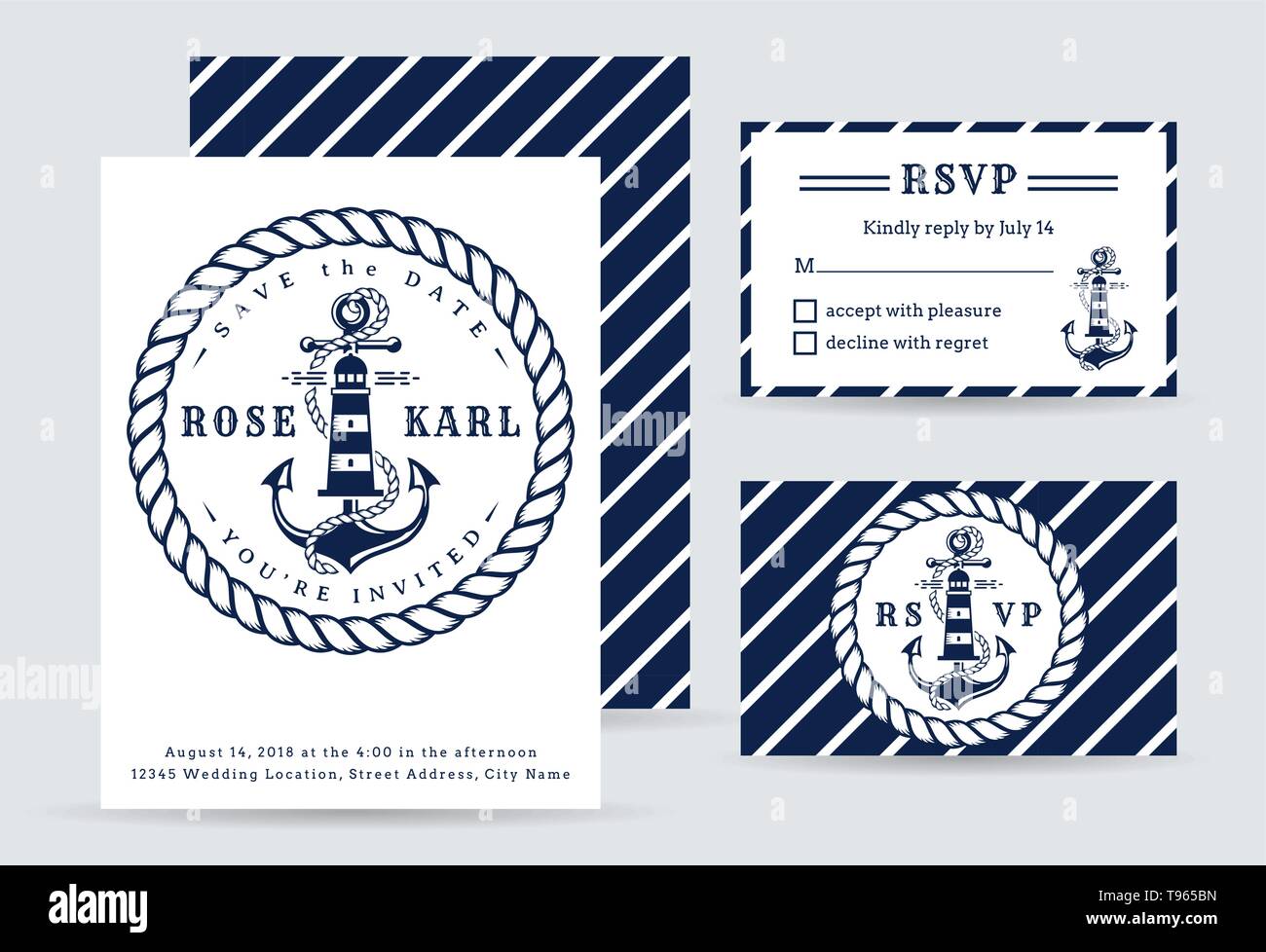 Nautical wedding invitation cards with anchor and lighthouse. Elegant templates in white and blue colors. Vector collection for sea wedding party. Stock Vector