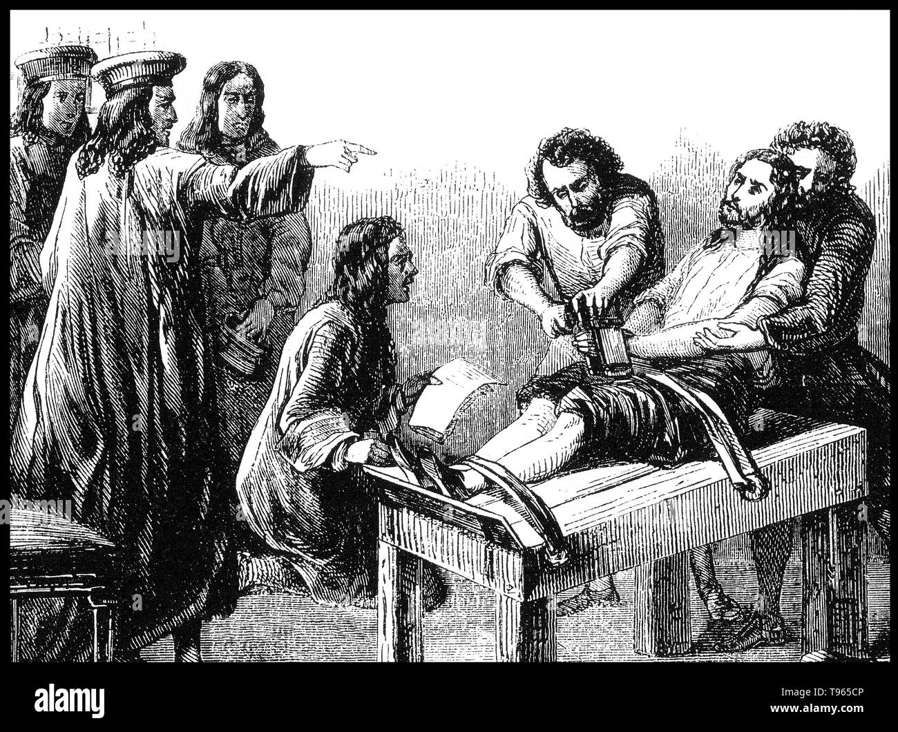 The thumbscrew is a torture instrument which was first used in medieval Europe. It is a simple vice, sometimes with protruding studs on the interior surfaces. The victim's thumbs or fingers were placed in the vice and slowly crushed. The thumbscrew was also applied to crush prisoners' big toes. The crushing bars were sometimes lined with sharp metal points to puncture the thumbs and inflict greater pain in the nail beds. Larger, heavier devices based on the same design principle were applied to crush feet and ears. Stock Photo