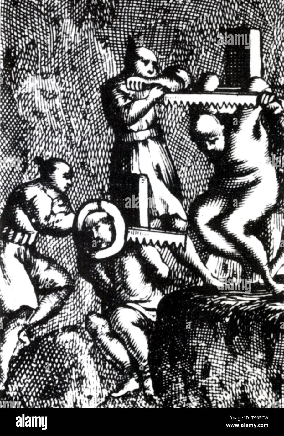 The term 'death by sawing' indicates the act of sawing a living person in half. Most often the victim was suspended upside down, most of the blood will go to the head. The torturers would saw into the victim's crotch, all of the blood in the head will oxygenate the brain so that the victim will not pass out as one normally would under such excruciating pain. Typically, the saw would reach the victim's navel before unconsciousness would take hold, sometimes as far as the midriff. Stock Photo