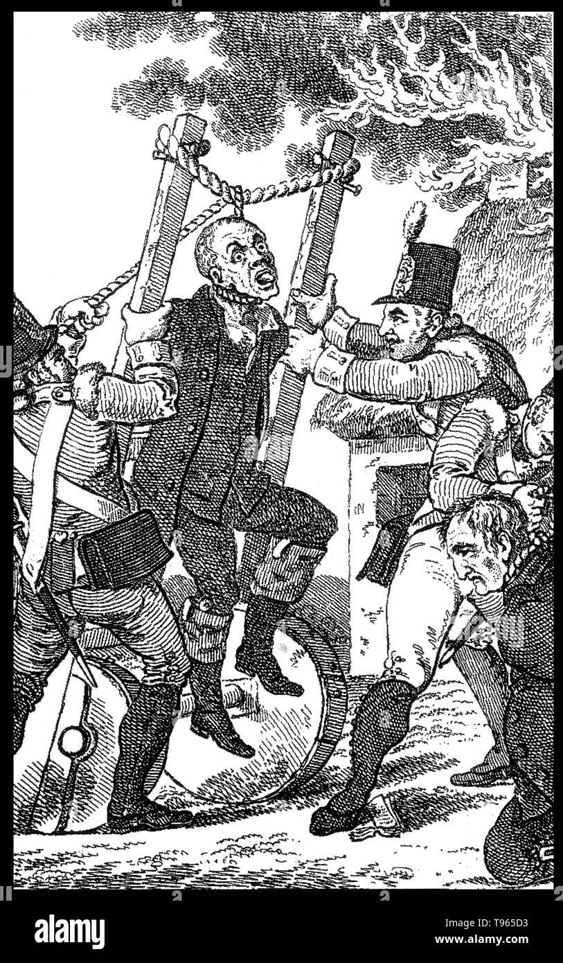 Half-hanging is a method of torture, usually inflicted to force information from the victim, in which a rope is pulled tightly around the victim's neck and then slackened when the victim becomes unconscious. The victim is revived and the process repeated. It was used by British Armed Forces in Ireland, most notably against suspected supporters of the Society of the United Irishmen after the failed 1798 rebellion. Stock Photo