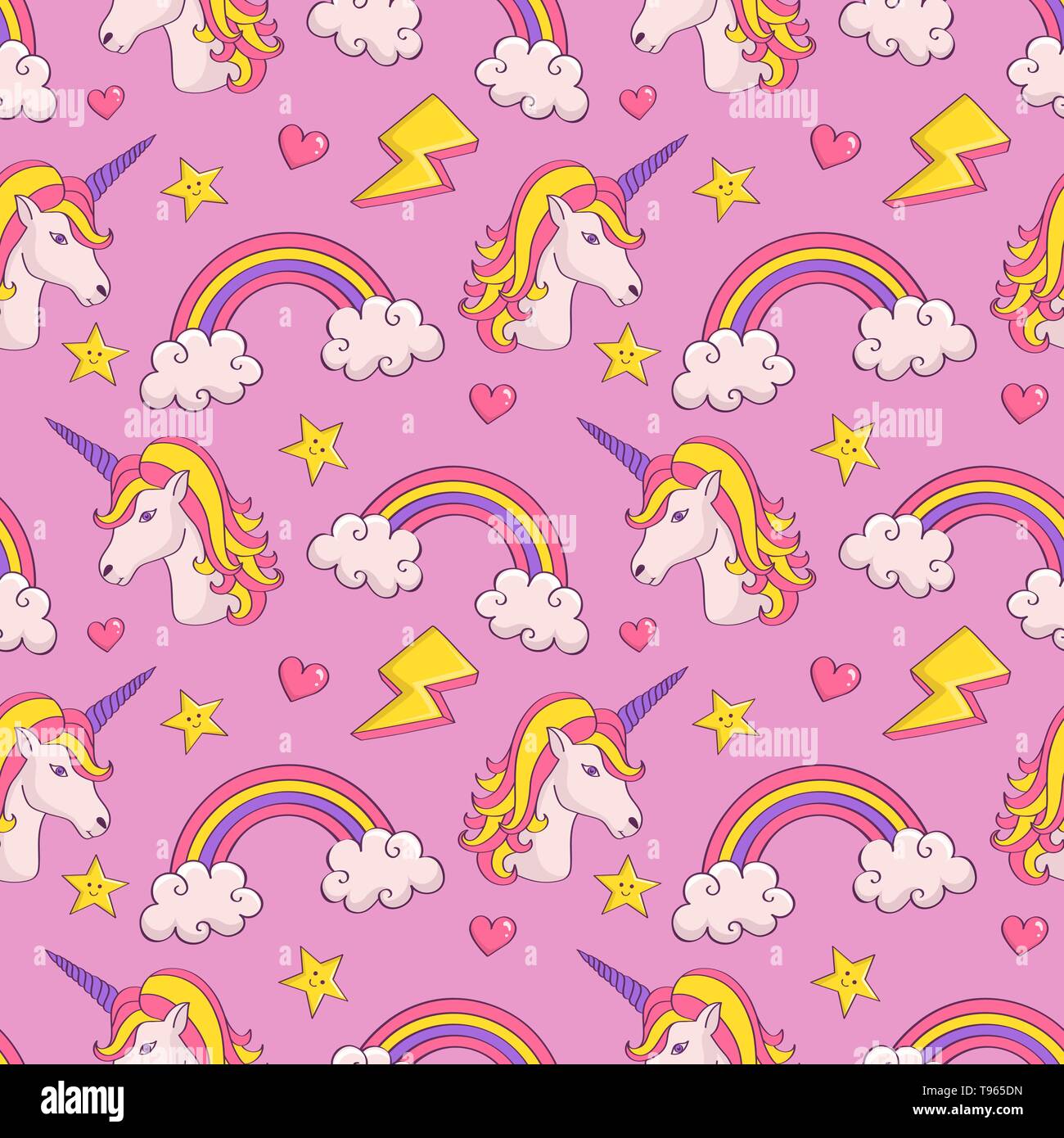 Dreamy pattern with unicorns and rainbows. Cute seamless background in pastel colors. Vector illustration. Stock Vector