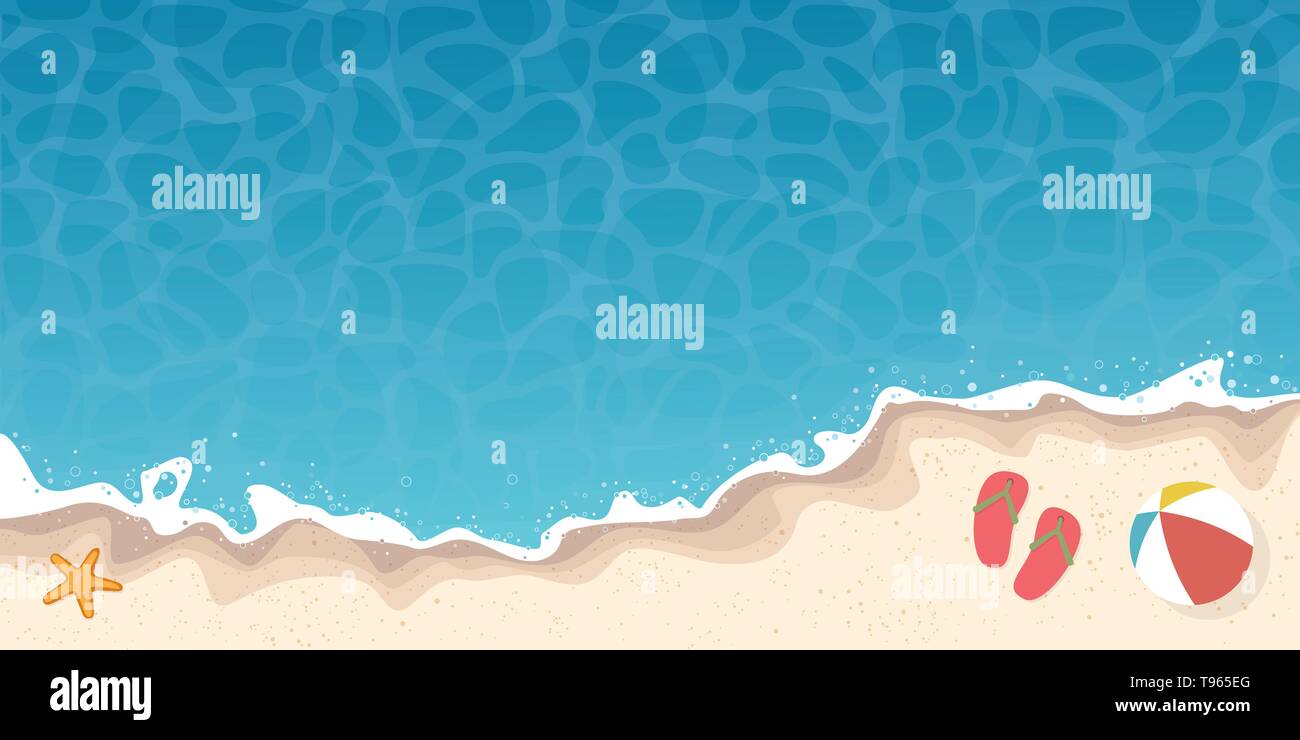 summer beach and ocean high angle view background banner. Vector illustration with flip-flops, beach ball and starfish at the sea shore. Stock Vector