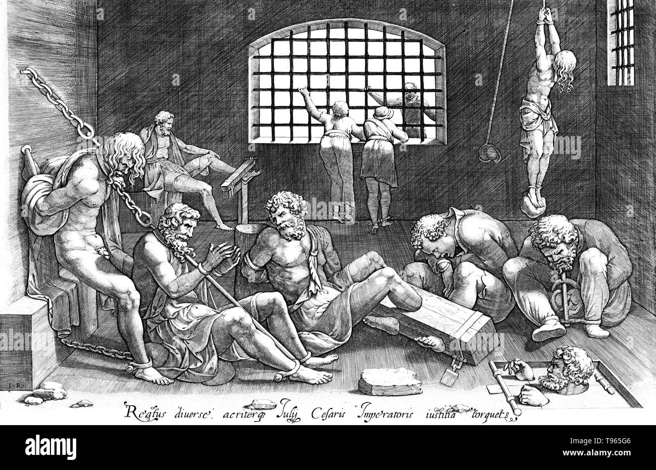 Entitled: 'Reatus diverse, acriterg July Cesaris imperatoris justitia torquet' (A torture chamber in the reign of Julius Caesar). Eight men shackled in a dungeon; two others peer out a bar-covered window at the end of the room to converse with someone outside. There is not much information about the exact methods employed in Roman torture sessions. The artist took liberty in his interpretation as the strappado method is a medieval method. Romans did not use prisons as do we. Stock Photo
