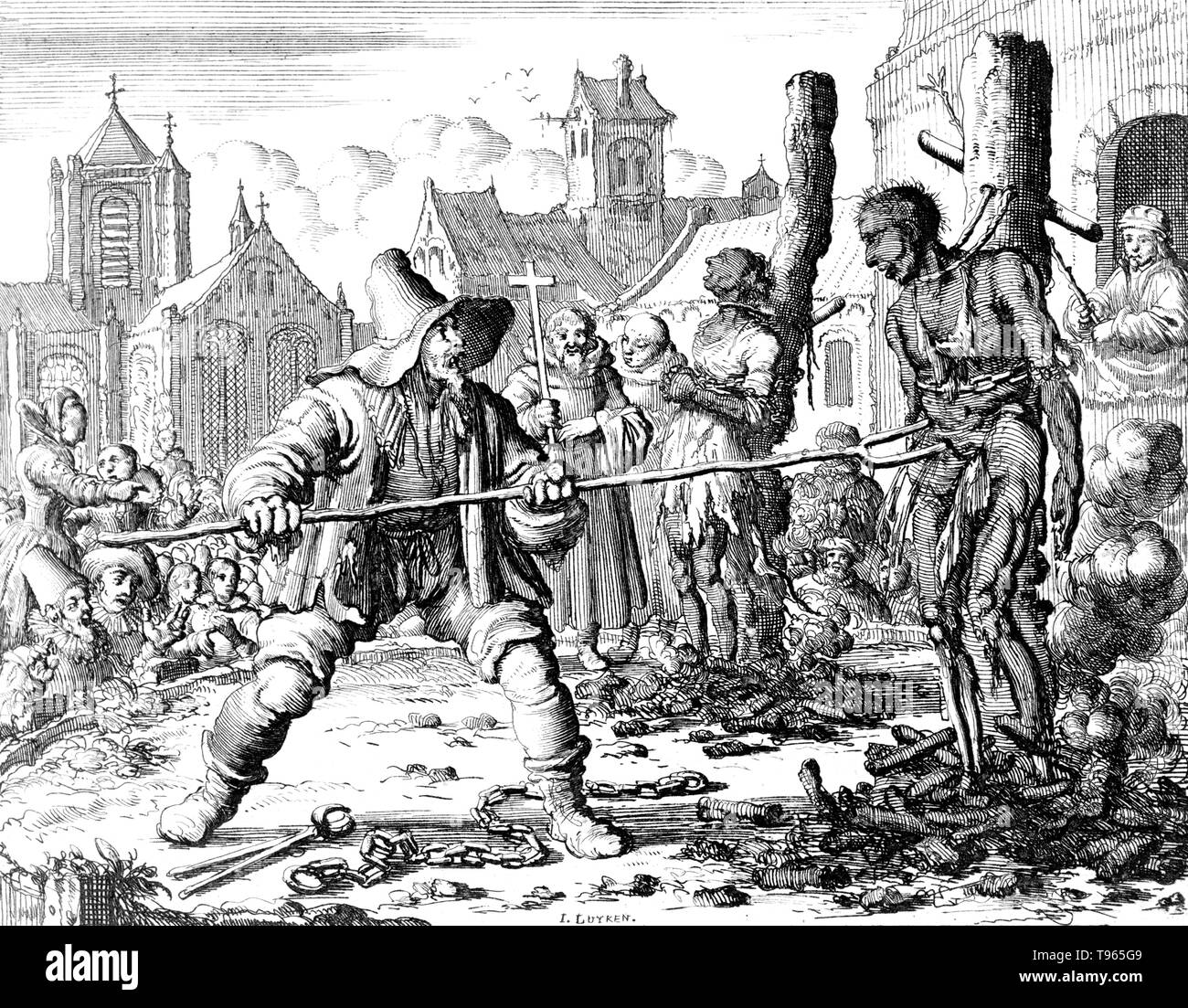 David van der Leyen (or Verleyen), an Anabaptist martyr, was executed with Levina Ghyselius at Ghent, on February 14, 1554 by burning at the stake. The first information we have about these two martyrs is found in the Liedtboecxken van den Offer des Heeren (1562) where they are celebrated in a song (No. 7) beginning: 'Ghy Christen al te samen, bereyt u tot ten strijt' (You Christians all together, prepare for the conflict). It is also included by Wolkan. Stock Photo