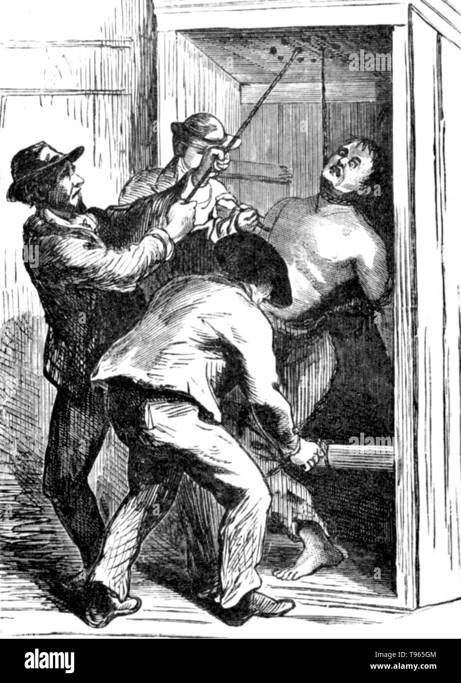 The use of the shower-bath as a means of coercing criminals into submission to the orders of prison authorities began to be general about the year 1845. Brutality such as this continued well into the 20th century in some Southern prisons. Water torture encompasses a variety of techniques using water to inflict physical or psychological harm on a victim as a form of torture or execution. Unknown source, 1871. Stock Photo