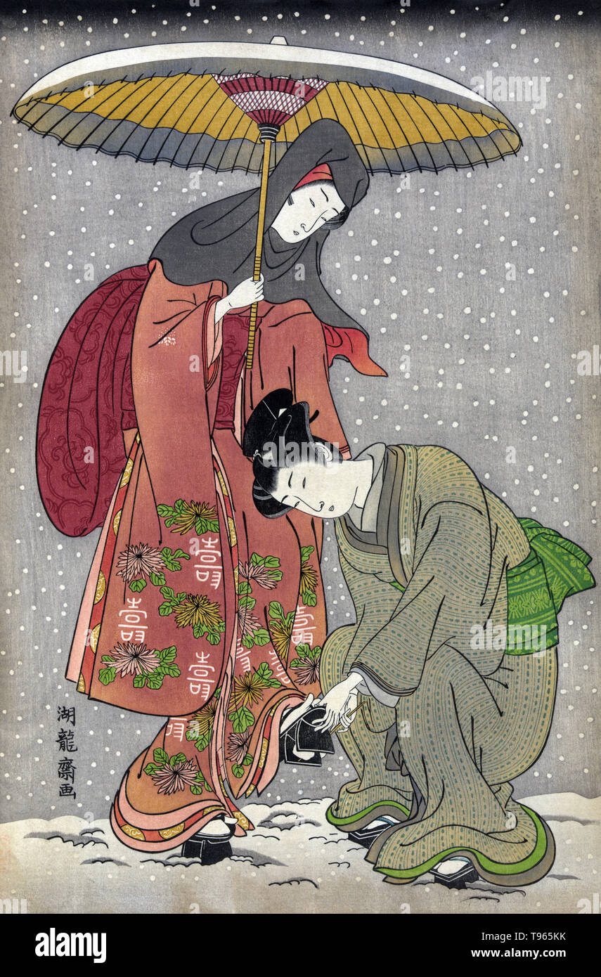 Geta no yukitori. Removing snow from one's clogs. Woman holding an umbrella while a female servant removes snow from her geta. Ukiyo-e (picture of the floating world) is a genre of Japanese art which flourished from the 17th through 19th centuries. Ukiyo-e was central to forming the West's perception of Japanese art in the late 19th century. Isoda Koryusai, 1776. Stock Photo