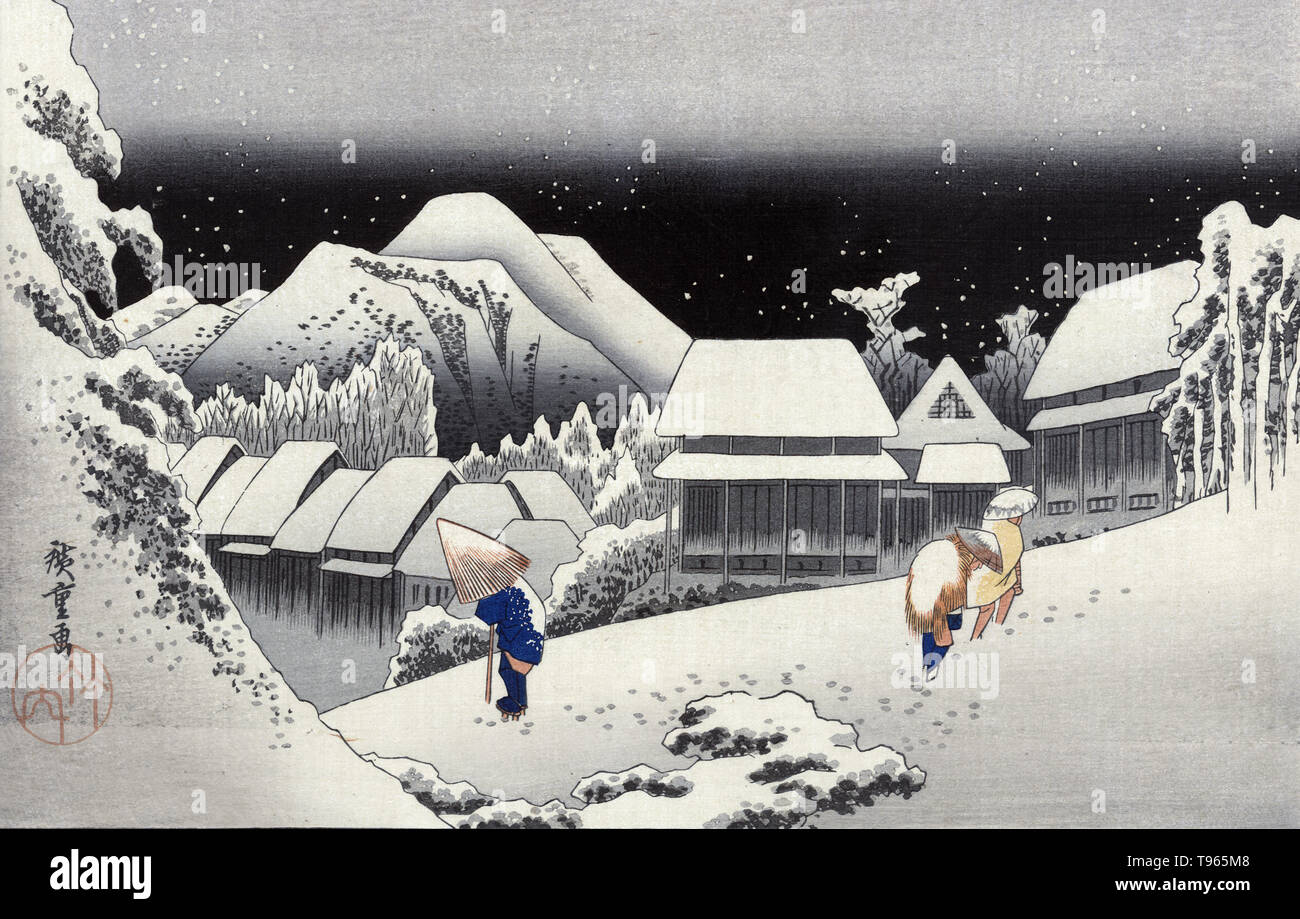 Kanbara. Travelers walking in the snow at night at the Kanbara station on the Tokaido Road. Ukiyo-e (picture of the floating world) is a genre of Japanese art which flourished from the 17th through 19th centuries. Ukiyo-e was central to forming the West's perception of Japanese art in the late 19th century. The landscape genre has come to dominate Western perceptions of ukiyo-e. Stock Photo