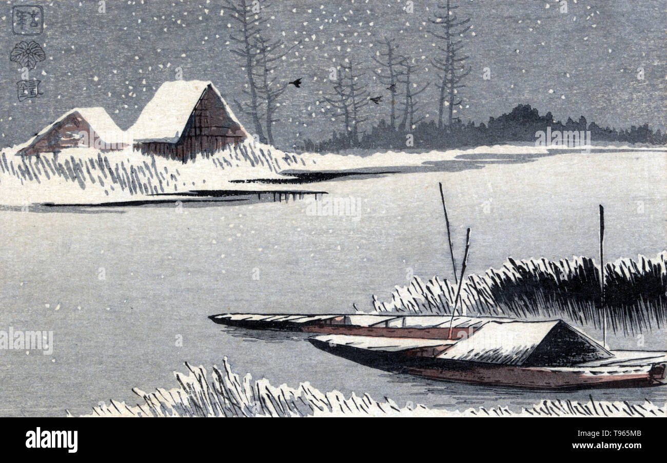 Yuki no watashiba. Ferryboats in snow. Two small boats moored among reeds on the edge of a river during a snow storm. Ukiyo-e (picture of the floating world) is a genre of Japanese art which flourished from the 17th through 19th centuries. Ukiyo-e was central to forming the West's perception of Japanese art in the late 19th century. The landscape genre has come to dominate Western perceptions of ukiyo-e. Stock Photo