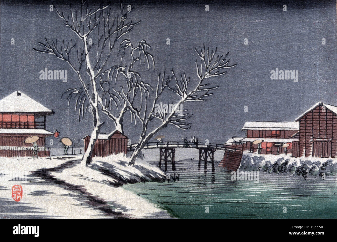 Yuki no horiwari. Canal in snow. Winter landscape with buildings and a small bridge across a canal. Ukiyo-e (picture of the floating world) is a genre of Japanese art which flourished from the 17th through 19th centuries. Ukiyo-e was central to forming the West's perception of Japanese art in the late 19th century. The landscape genre has come to dominate Western perceptions of ukiyo-e. The Japanese landscape differed from the Western tradition in that it relied more heavily on imagination, composition, and atmosphere than on strict observance of nature. No artist credited, circa 1900-20. Stock Photo