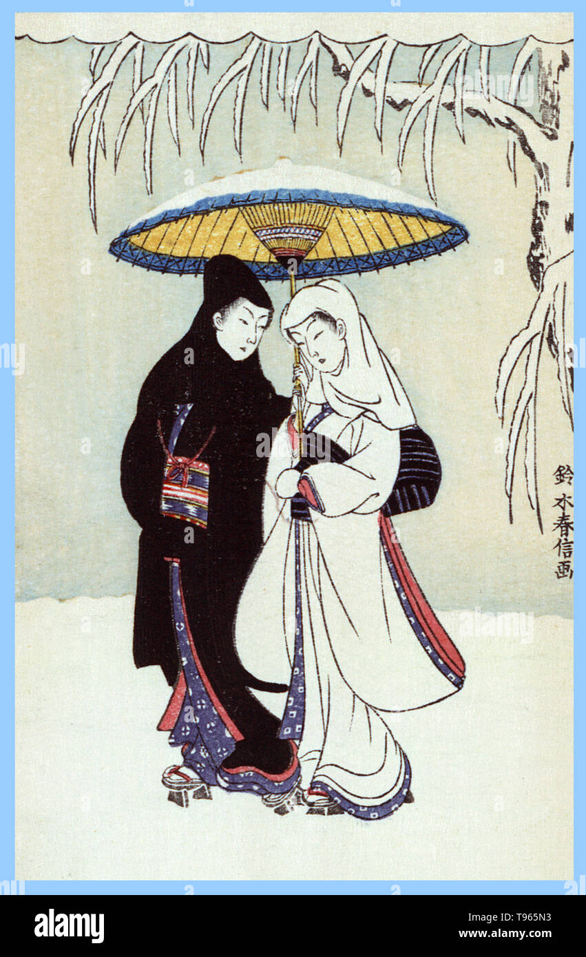 Secchu aiaigasa. Couple under umbrella in the snow (crow and heron). a man and a woman standing in the snow beneath a snow-covered umbrella. Ukiyo-e (picture of the floating world) is a genre of Japanese art which flourished from the 17th through 19th centuries. Ukiyo-e was central to forming the West's perception of Japanese art in the late 19th century. Stock Photo
