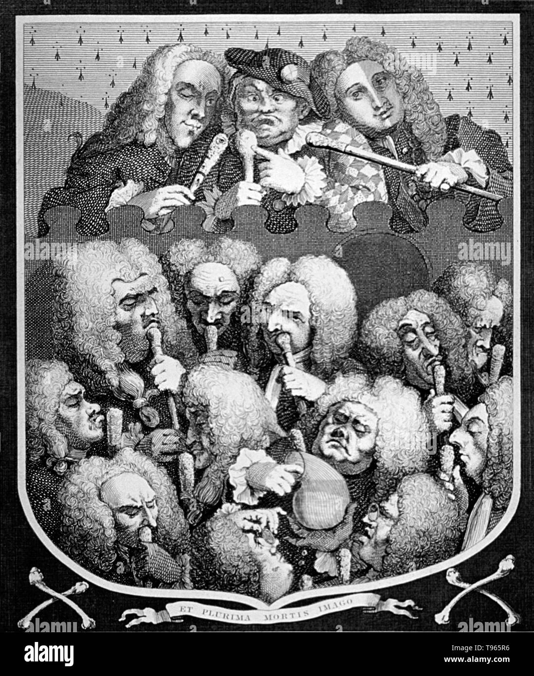 'A Consultation of Physicians, or The Company of Undertakers' by William Hogarth depicts three well-known quacks with a group of twelve portly physicians. The three quacks at the top of the print are Joshua Ward, perhaps the most famous charlatan of his time; Sarah Mapp, a well-known bonesetter; and John Taylor, an oculist. The bewigged physicians dispel the stench of death by sniffing the pomander attached to the top of their canes. Stock Photo